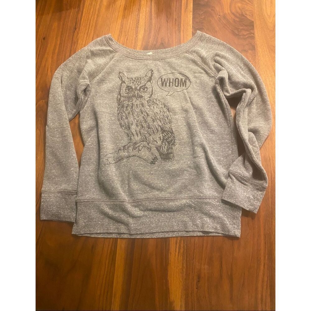 Women's Gray Whom Owl Off The Shoulder Pullover Graphic Sweater Medium